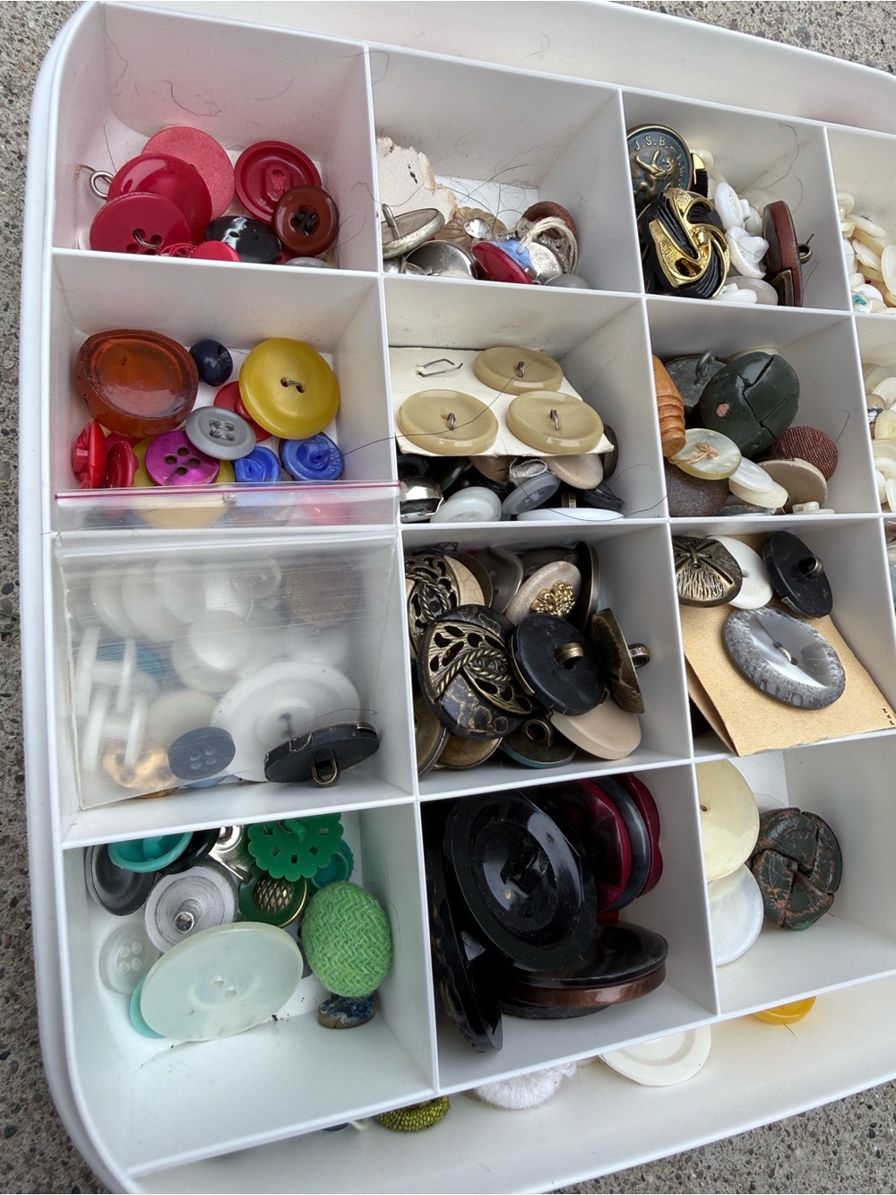 Collection of vintage buttons in divided organizer